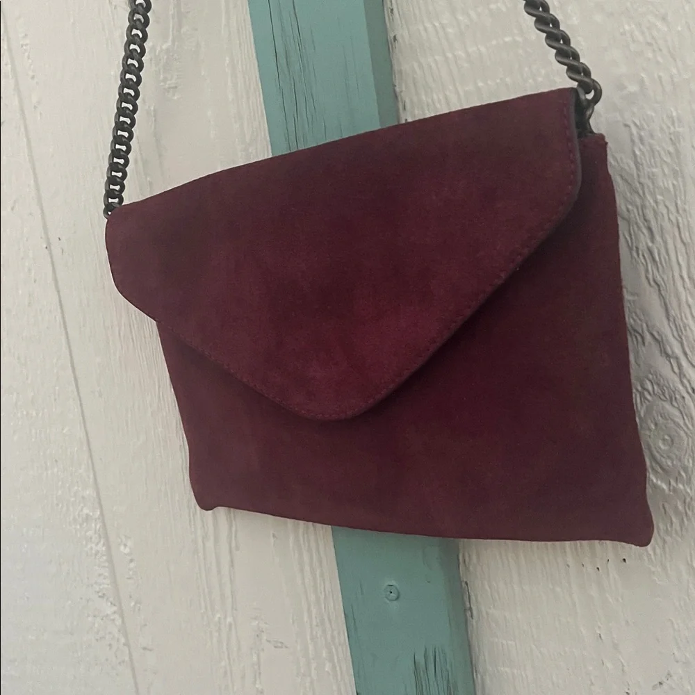 J.Crew Burgundy Suede Leather Envelope Chain Crossbody Clutch Bag